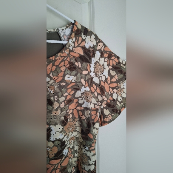 Cato Floral Women's Top Brown and Cream Bell Short Sleeve Boho Fall Casual Offic - Picture 6 of 10